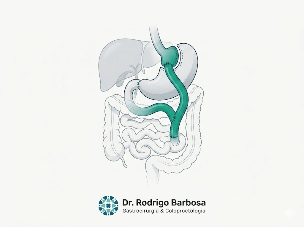 Bypass Gástrico: o que é, como funciona e o que muda na sua digestão 2 Ilustração médica do bypass gástrico em Y de Roux: pequena bolsa gástrica conectada diretamente ao intestino delgado, formando o desenho em Y, com a porção do estômago e o duodeno desviados destacados ao lado, na cirurgia bariátrica.